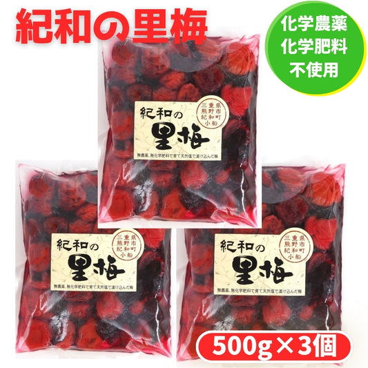【送料無料】【1.5ｋｇ／3個セット】自然農法梅干【紀和の里梅】 500g×3個 ※無農薬無化学肥料栽培・伝統製法