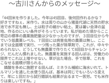 【会津産・R7年度産新米】自然農法米 古川さんのササニシキ【玄米５ｋｇ】（化学農薬・化学肥料不使用／40年以上無農薬栽培） ★あっさりとし他食感の高アミロース米 ※低温乾燥米 ※色彩別選別機により選別済み ※会津産のお米は食味ランク「特A」の常連。「魚沼」と双璧をなす米の名産地より最高級品質のお米をお届けします。